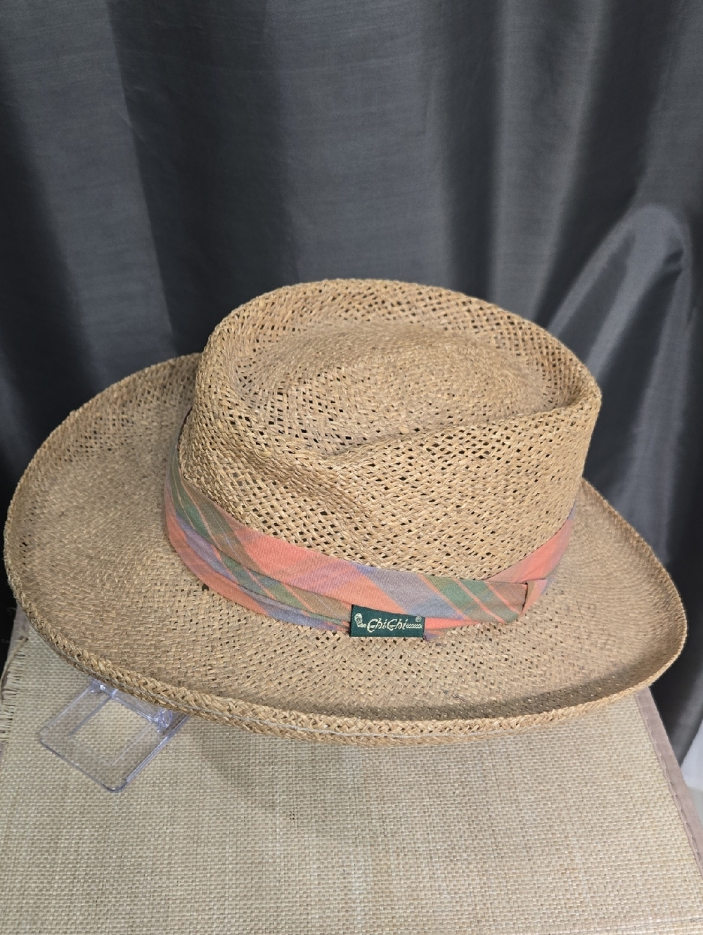 "chi chi" Natural Straw Fedora with Peach and Pastel Band